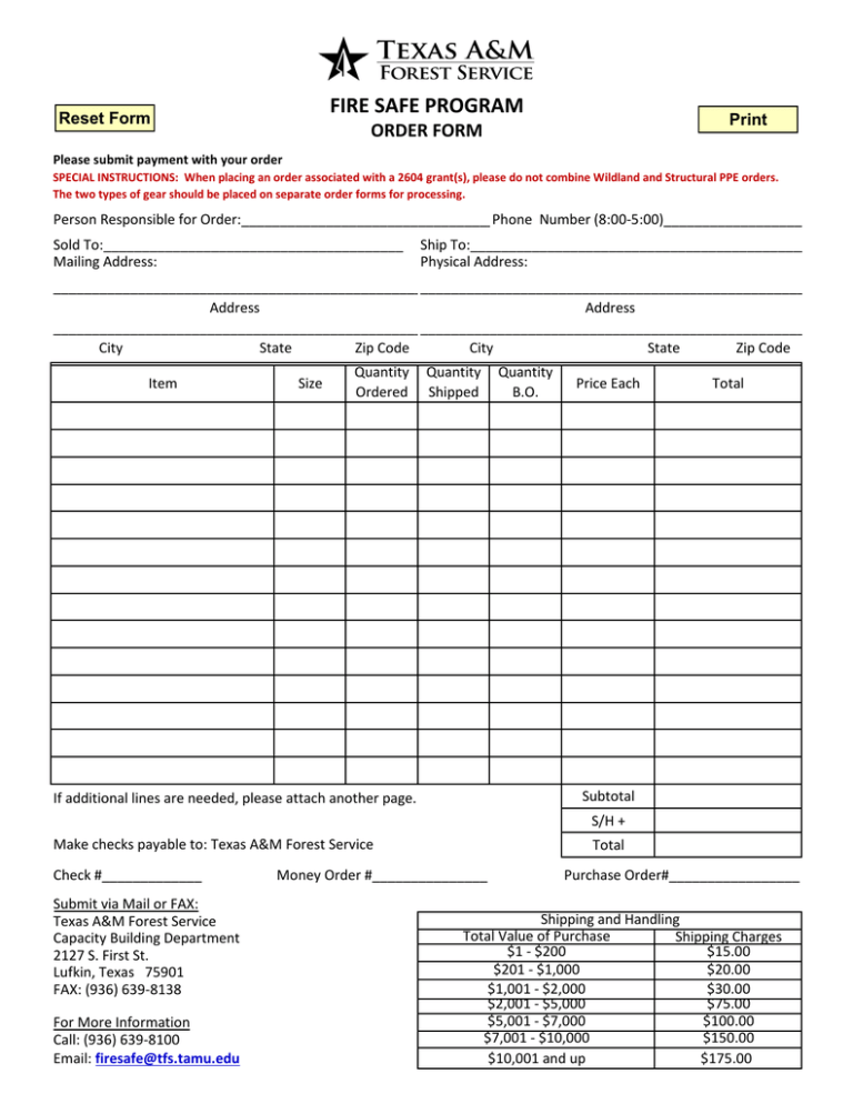 Fire Safe Program Order Form Reset Form Print