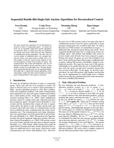 Sequential Bundle-Bid Single-Sale Auction Algorithms for Decentralized Control Sven Koenig Craig Tovey