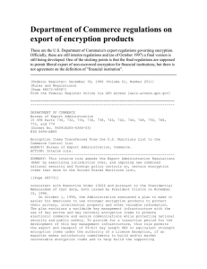 Department of Commerce regulations on export of encryption products