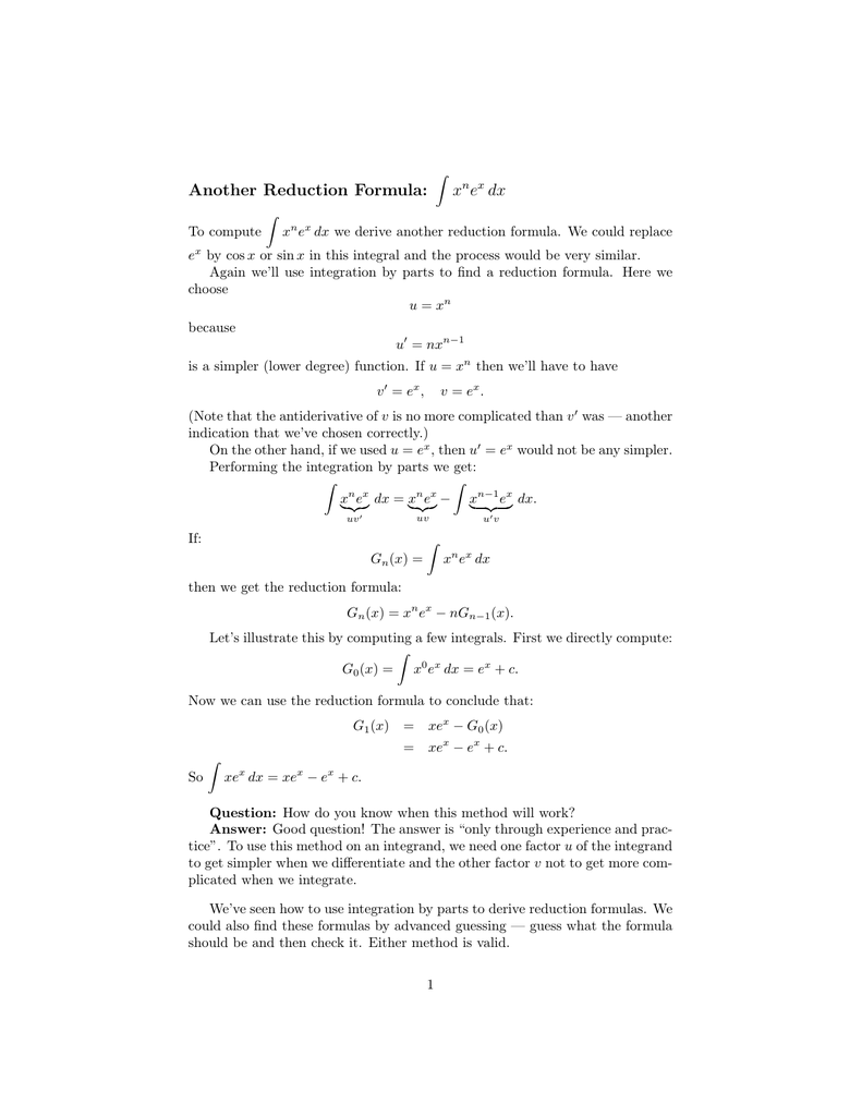 Another Reduction Formula X E Dx