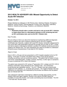 2012 HEALTH ADVISORY #29: Missed Opportunity to Detect Acute HIV Infection