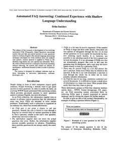 Automated FAQ Answering:  Continued  Experience  with ... Language Understanding