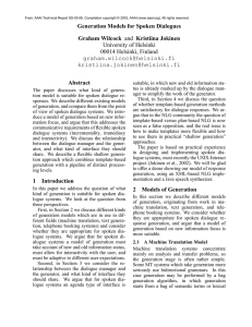 Generation Models for Spoken Dialogues Graham Wilcock Abstract University of Helsinki