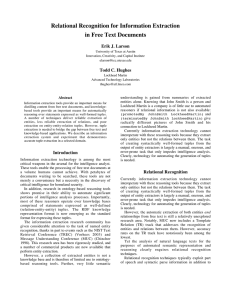 Relational Recognition for Information Extraction in Free Text Documents Erik J. Larson
