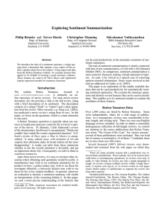 Exploring Sentiment Summarization Philip Beineke Christopher Manning Shivakumar Vaithyanathan