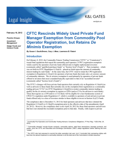 CFTC Rescinds Widely Used Private Fund Manager Exemption from Commodity Pool De