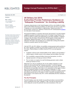 UK Bribery Act 2010: Authorities Provide Preliminary Guidance on