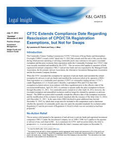 CFTC Extends Compliance Date Regarding Rescission of CPO/CTA Registration