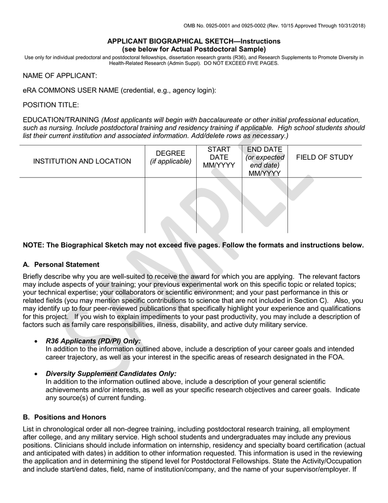 OMB No. 0925-0001/0002 (Rev. 08/12), Biographical Sketch Format