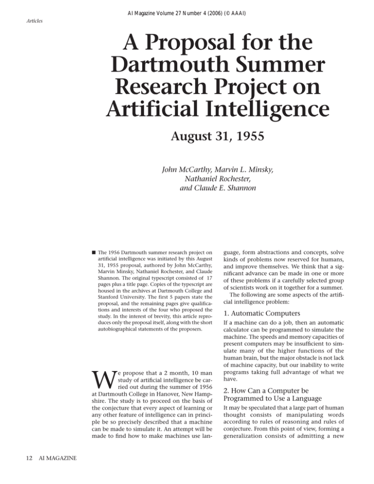 proposal for the dartmouth summer research project on artificial intelligence