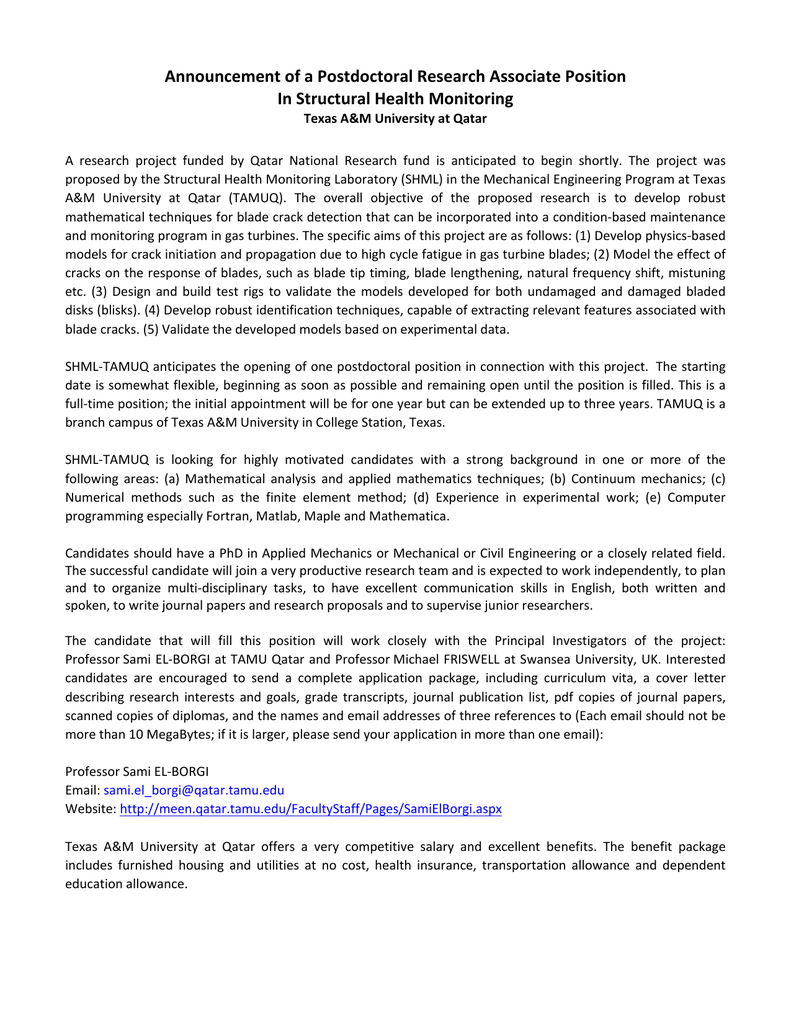 Announcement of a Postdoctoral Research Associate Position In