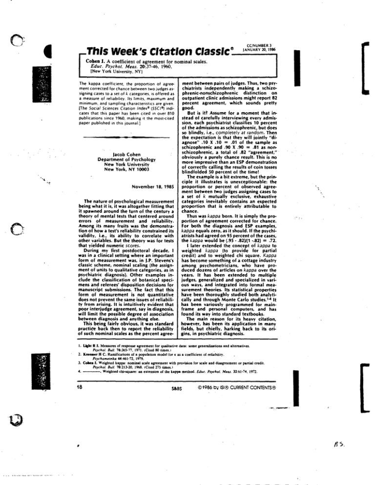 A Coefficient of Agreement for Nominal Scales - Jacob Cohen, 1960