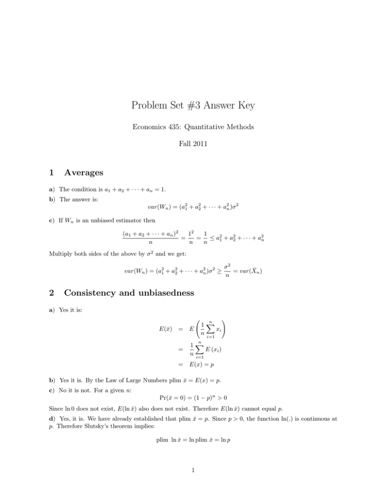 Problem Set 3 Answer Key 1 Averages Economics 435 Quantitative Methods