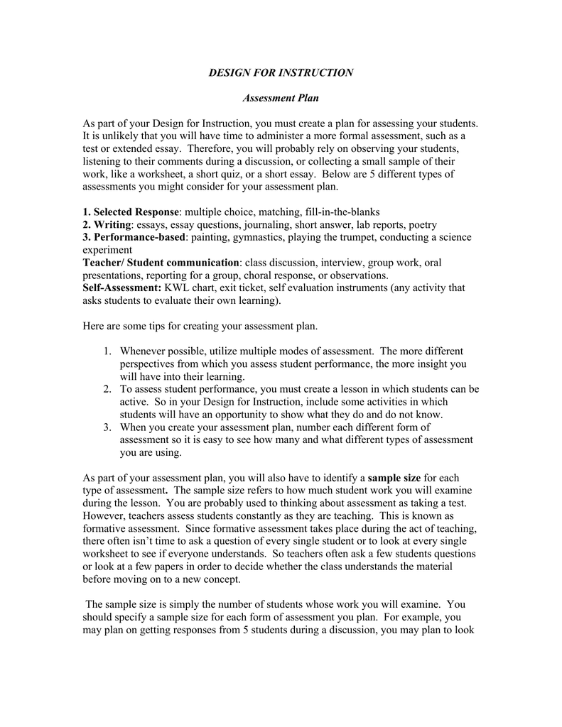 Design For Instruction Assessment Plan