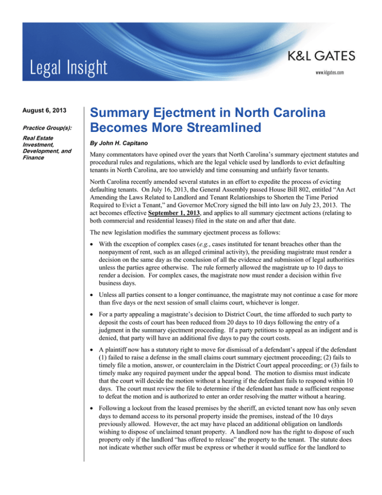 Summary Ejectment in North Carolina Becomes More Streamlined