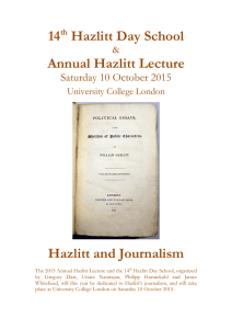 14 Hazlitt Day School Annual Hazlitt Lecture Hazlitt and Journalism