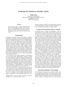 Predicting Text Quality for Scientiﬁc Articles Annie Louis