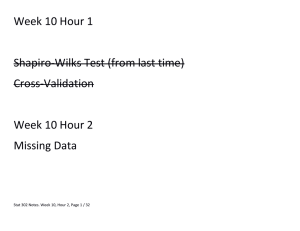 Week 10 Hour 1  Shapiro-Wilks Test (from last time) Cross-Validation