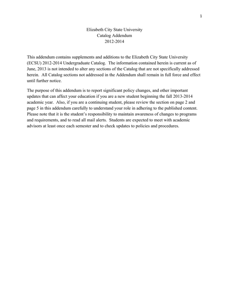 Elizabeth City State University Catalog Addendum 20122014