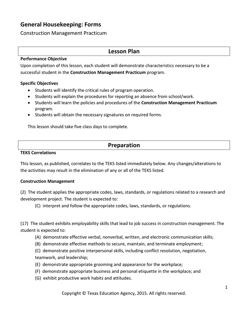 General Housekeeping Forms Construction Management Practicum