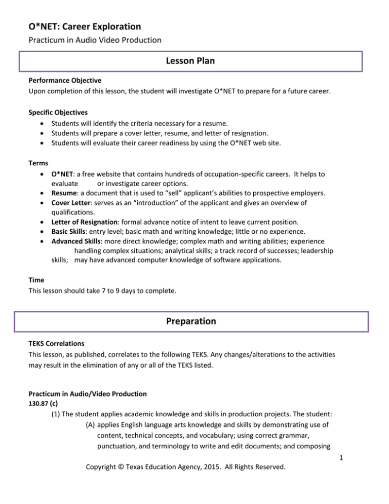 Career Exploration Lesson Plan Practicum in Audio Video Production