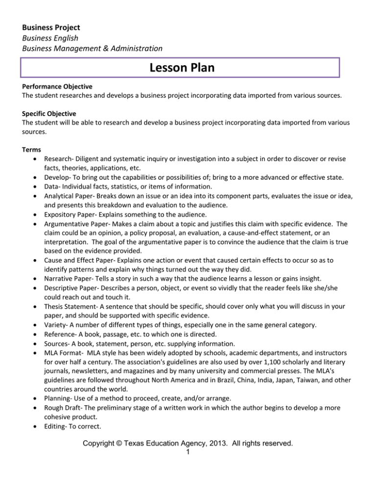 lesson plan for creating a business plan