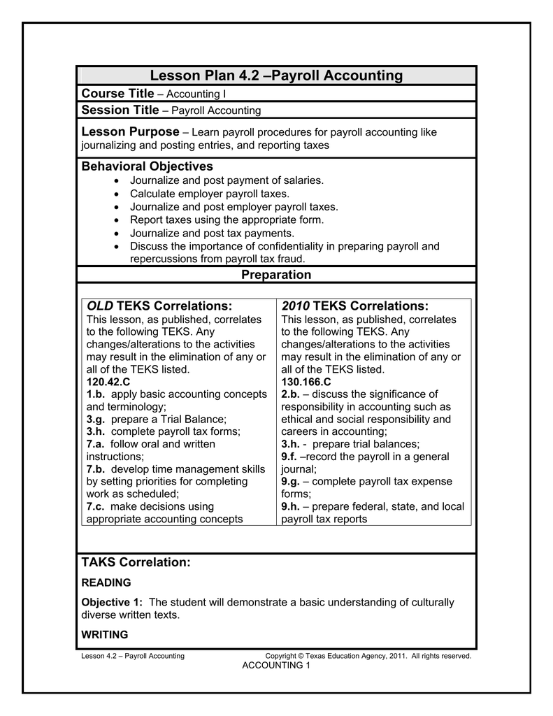 Payroll Accounting Lesson Plan 4.2 Course Title Session Title