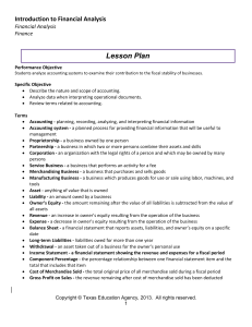 Lesson Plan Introduction to Financial Analysis  Financial Analysis  Finance 