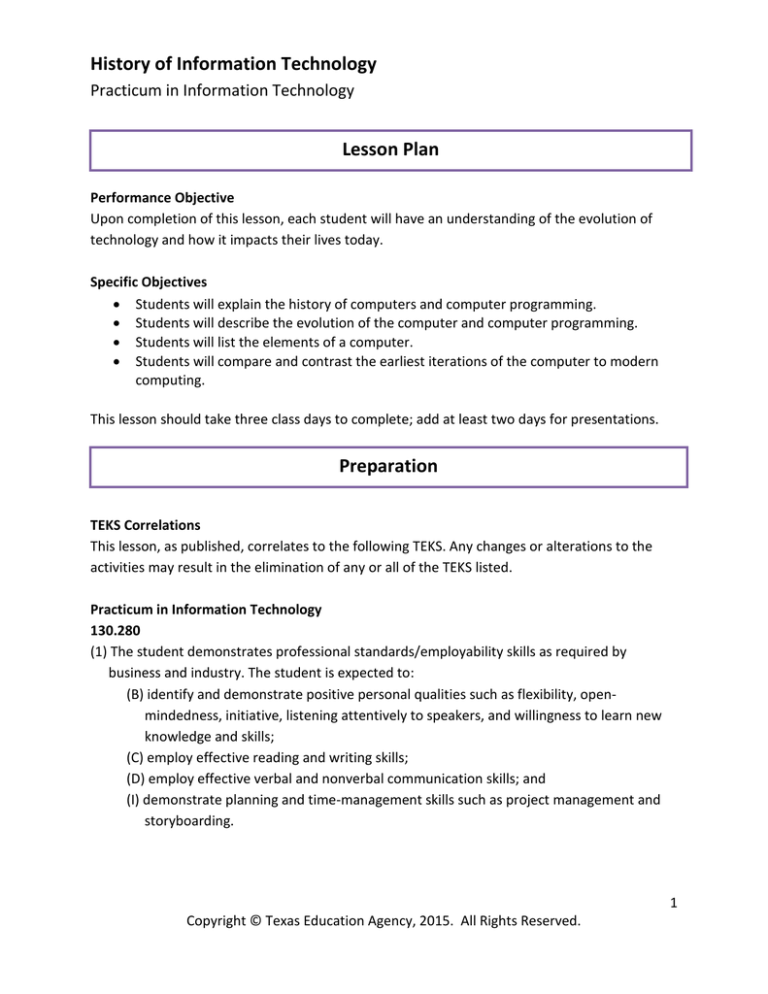 History of Information Technology Lesson Plan Practicum in Information ...