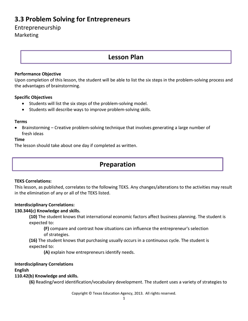 3.3 Problem Solving for Entrepreneurs Lesson Plan ...