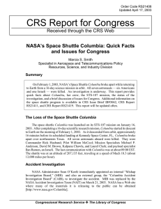 CRS Report for Congress NASA’s Space Shuttle Columbia: Quick Facts