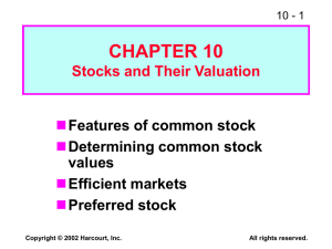 CHAPTER 10 Stocks and Their Valuation  Features of common stock