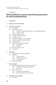 WHO guidelines on good manufacturing practices for blood establishments Annex 4