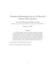 Dynamical Delocalization for the 1D Bernoulli Discrete Dirac Operator C´