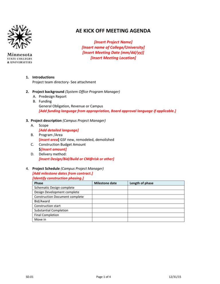 AE KICK OFF MEETING AGENDA