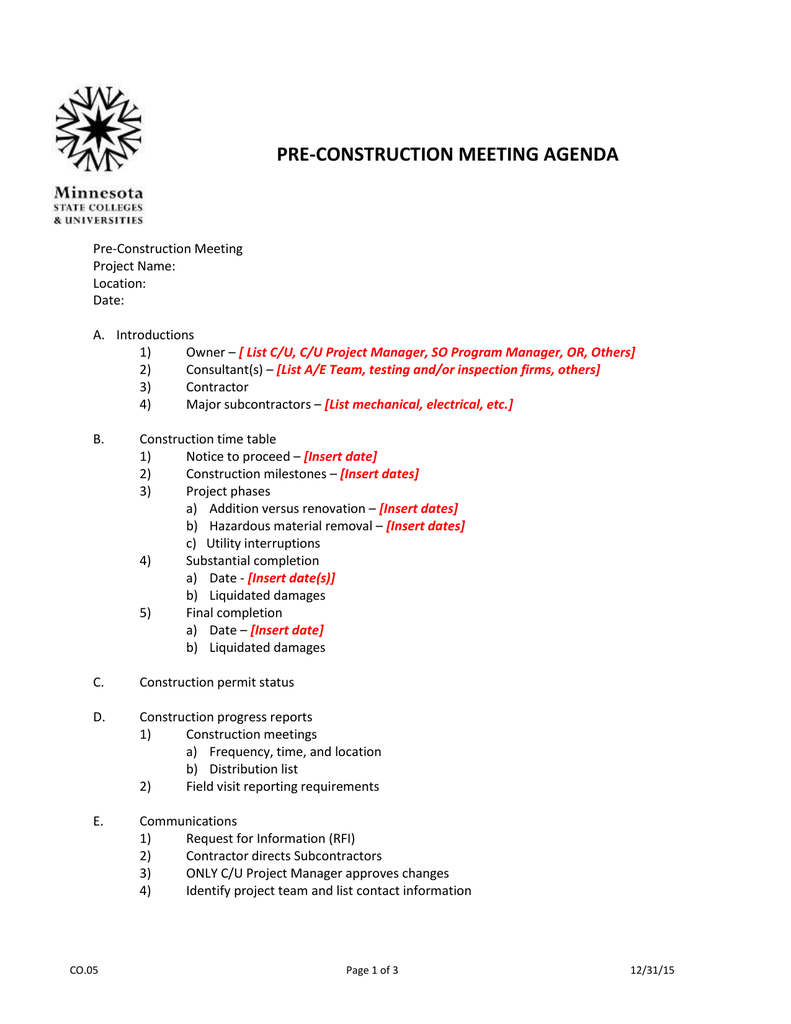 PRE-CONSTRUCTION MEETING AGENDA Inside Pre Construction Meeting Agenda Template