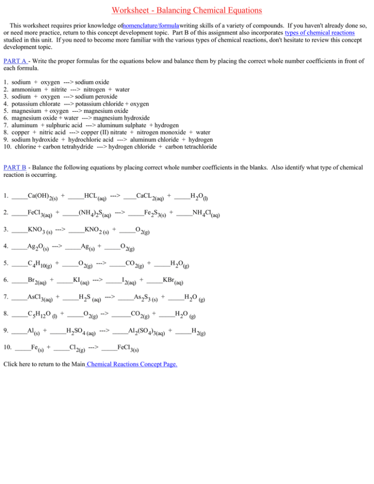 balancing chemical equations worksheet class 10 cbse