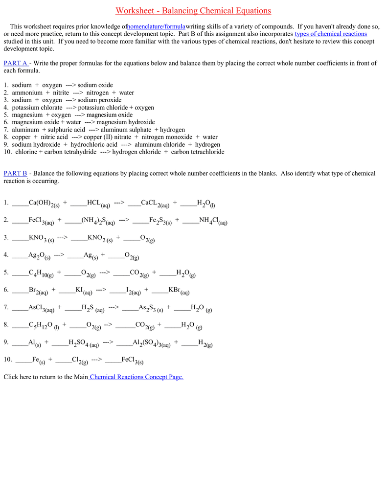 Worksheet ­ Balancing Chemical Equations