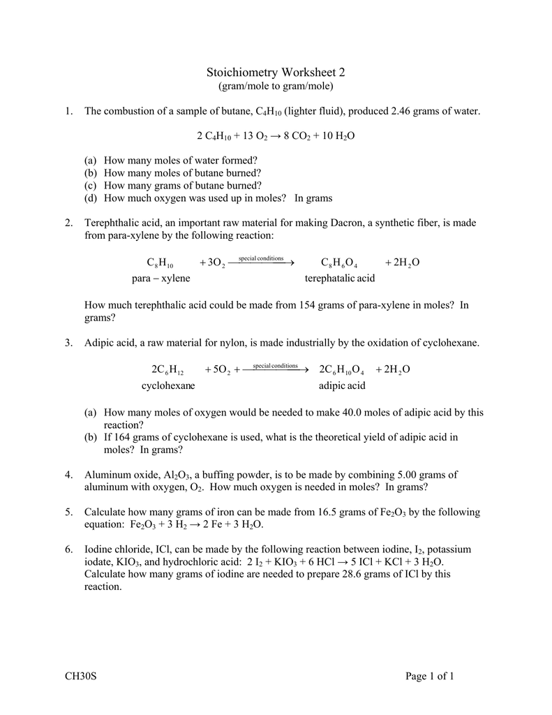 Worksheet For Basic Stoichiometry Answer