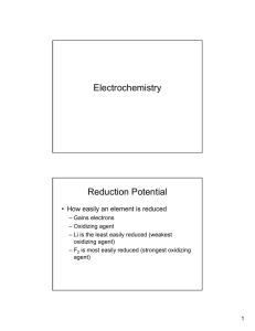 Electrochemistry Reduction Potential • How easily an element is reduced