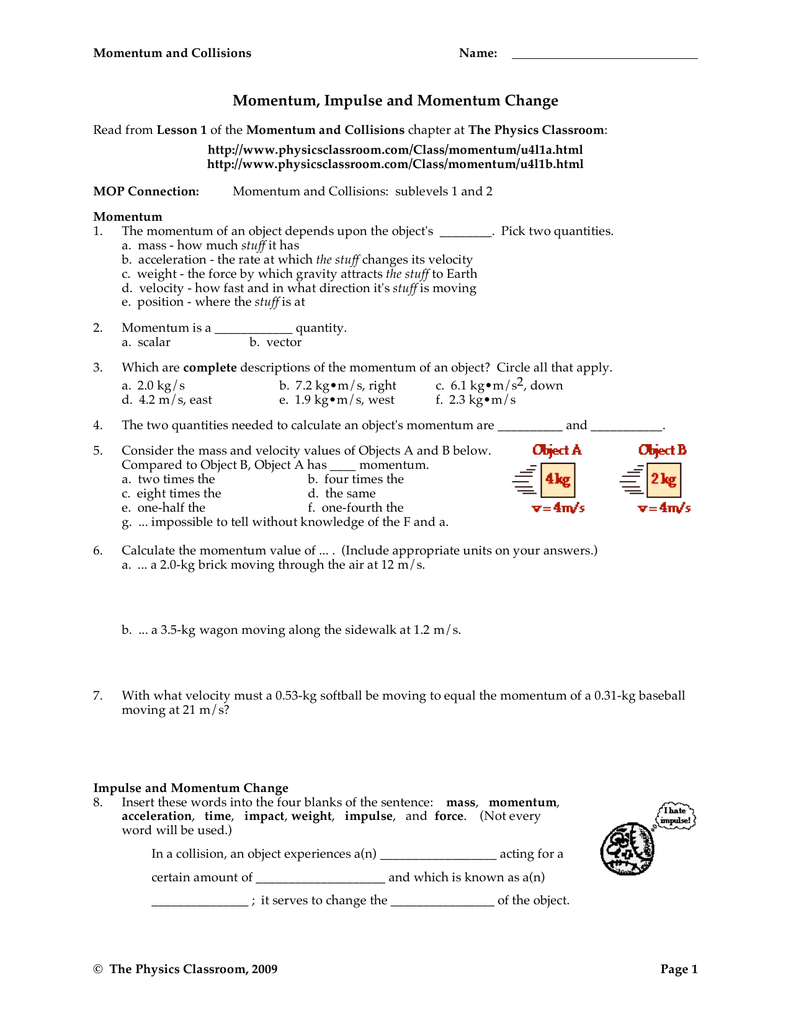 Momentum, Impulse and Momentum Change Pertaining To Momentum And Collisions Worksheet Answers