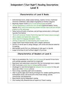 Level K Independent (“Just Right”) Reading Descriptions Characteristics of Level K Books