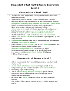 Level I Independent (“Just Right”) Reading Descriptions Characteristics of Level I Books