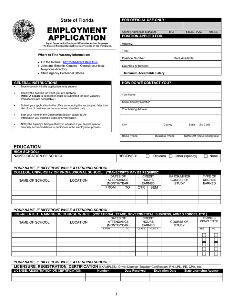 Employment Application State Of Florida 0528
