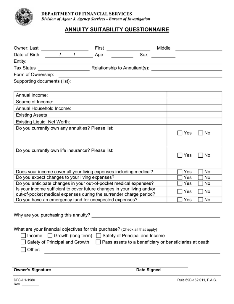 Annuity Suitability Questionnaire 6005