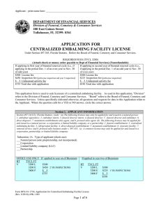 APPLICATION FOR CENTRALIZED EMBALMING FACILITY LICENSE  DEPARTMENT