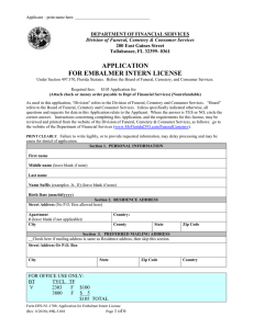 APPLICATION FOR EMBALMER INTERN LICENSE DEPARTMENT