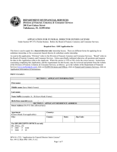 APPLICATION FOR FUNERAL DIRECTOR INTERN LICENSE DEPARTMENT OF