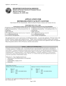 APPLICATION FOR REFRIGERATION FACILITY LICENSE  DEPARTMENT