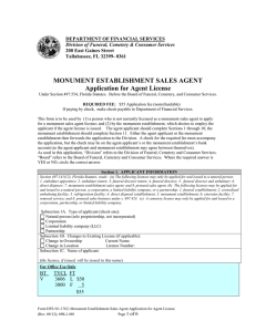 MONUMENT ESTABLISHMENT SALES AGENT Application for Agent License  DEPARTMENT